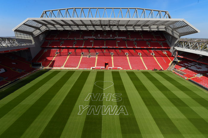 Liverpool FC's pitch with NHS YNWA marked on it